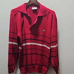 Lacoste Red and White Striped Sweater with Collared Design
